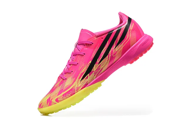 Adidas Pink Yellow Low-Profile Synthetic Upper Asymmetrical Lacing Artificial-Grass Soccer Shoes