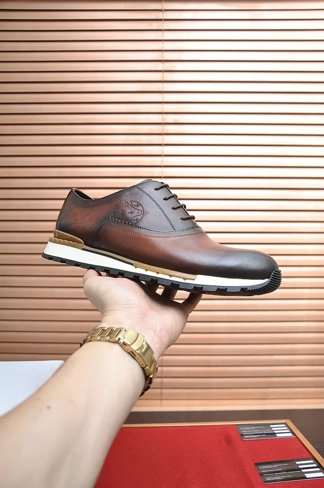 Berluti Brown White Polished Leather Embossed Crest Logo Derby Shoes