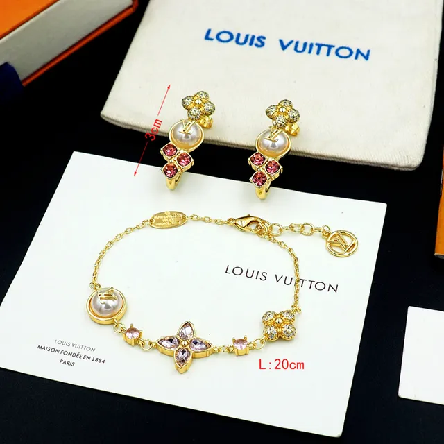Louis Vuitton Gold-Tone Pearl and Pink Crystal Floral Charm Bracelet