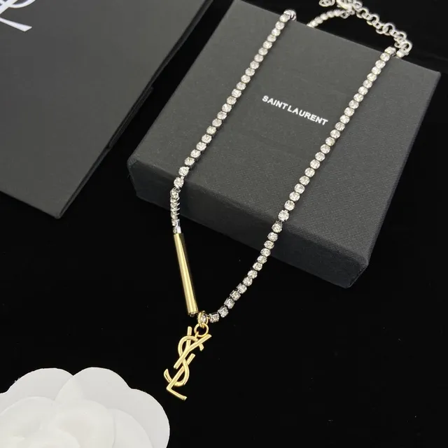 Saint Laurent Silver Gold Crystal-Encrusted Chain YSL Monogram Pendant Necklace