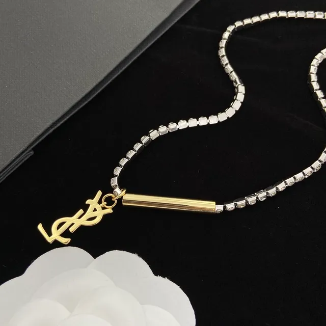 Saint Laurent Silver Gold Crystal-Encrusted Chain YSL Monogram Pendant Necklace