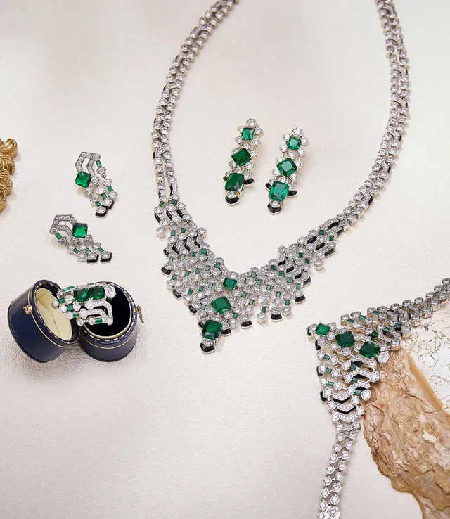 Van Cleef & Arpels Geometric Emerald and Diamond Pavé Multi-Row Bracelet