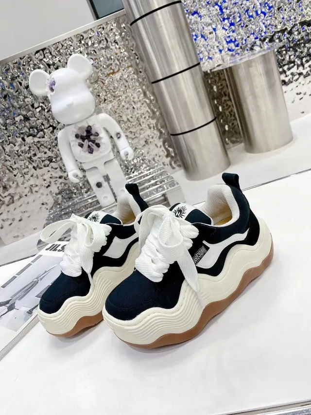 Jil Sander Black White Sculpted Wavy Midsole Canvas Upper Chunky Sneakers