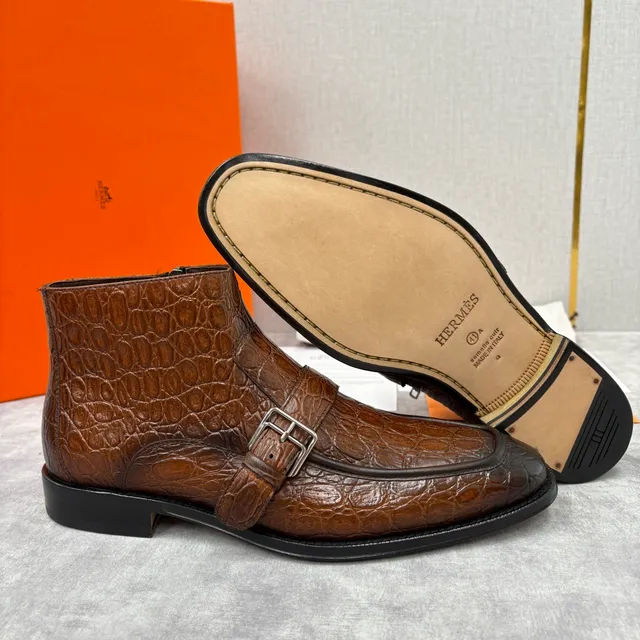 Hermès Brown Crocodile-Embossed Monk Strap Ankle Boots