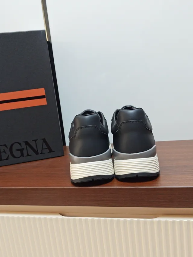 Zegna Black White Pebbled Leather Upper Contrast Layered Midsole Sneakers