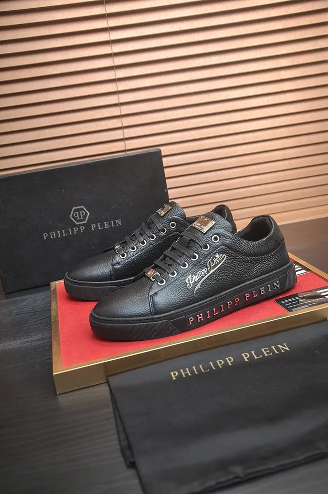 Philipp Plein Black Pebbled Leather Platform Lifestyle Sneakers