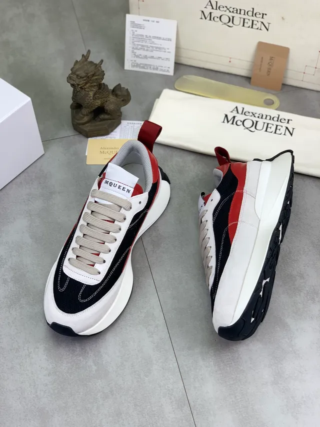 Alexander McQueen White Black Oversized Silhouette Mesh And Suede Paneling Chunky Sneakers