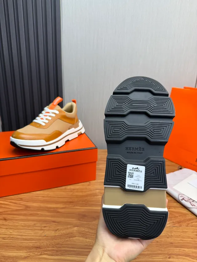 Hermès Beige Brown Mixed-Material Upper Layered Chunky Sole Sneakers