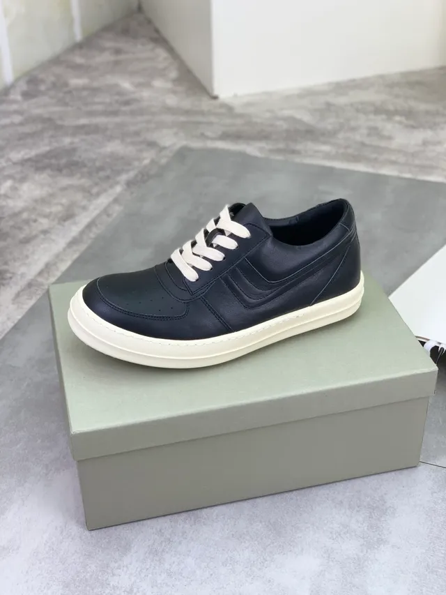 Rick Owens Black Beige Leather Off-White Platform Sole Sneakers