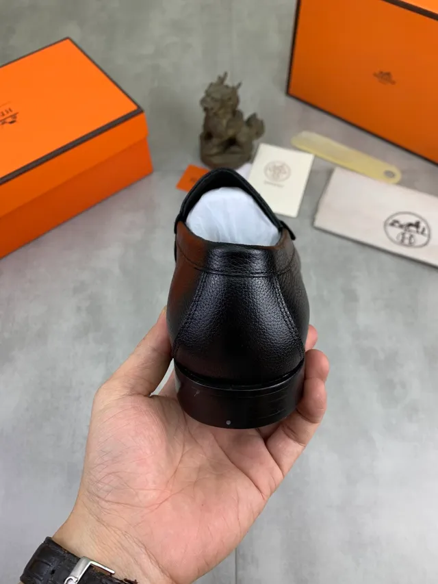 Hermès Oran Loafer Black Pebbled Leather H-Buckle Loafers