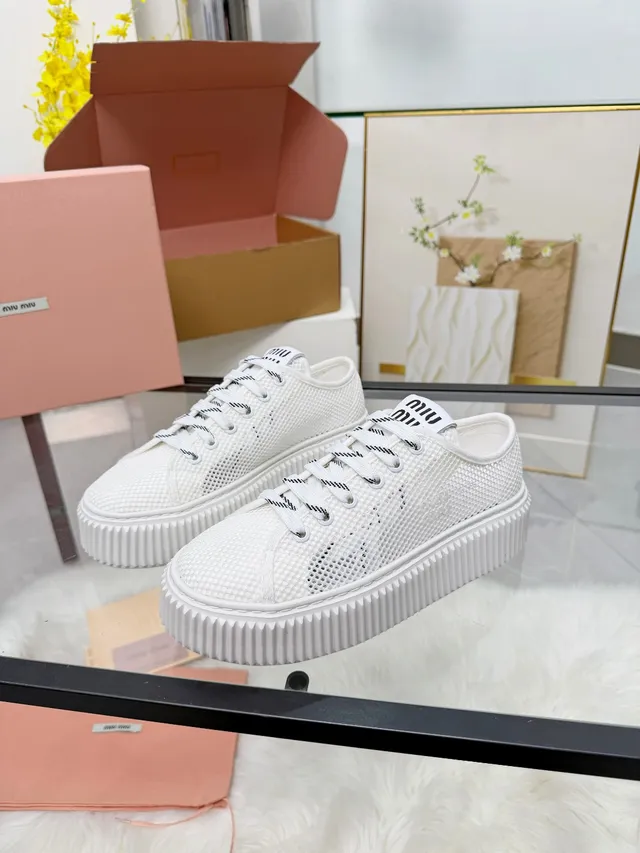Miu Miu Platform Sneakers White Mesh Upper Ridged Sole Lifestyle Sneakers