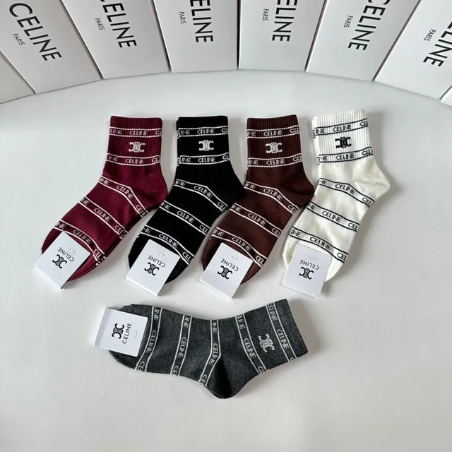 Celine Burgundy Black Logo-Band Cuff Ribbed Knit Socks
