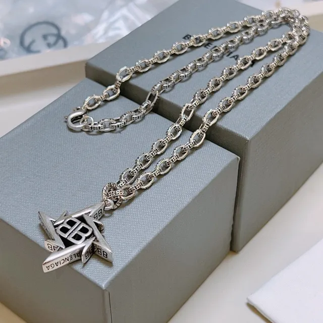 Balenciaga BB Star Pendant Silver Chain Necklace