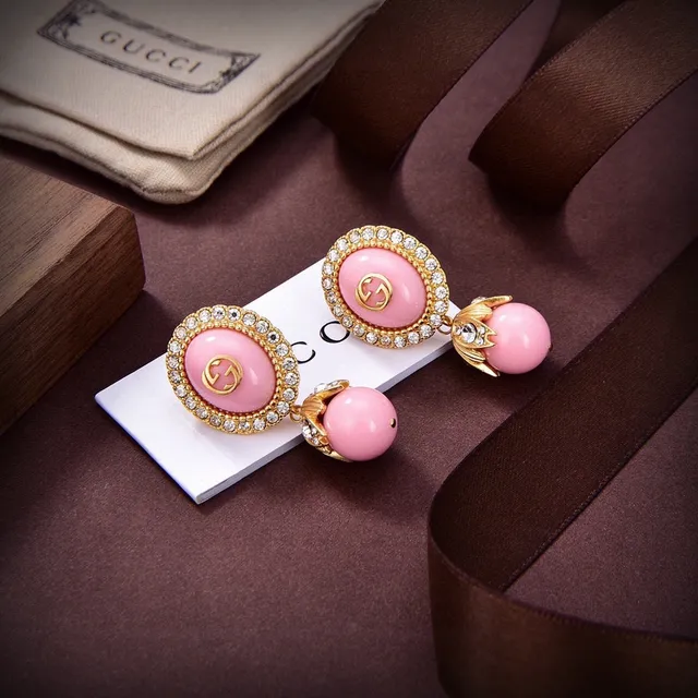 Gucci Pink Enamel Crystal-Bordered Double G Earrings