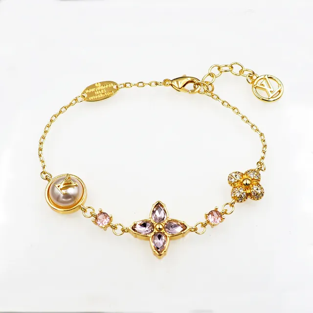 Louis Vuitton Gold-Tone Pearl and Pink Crystal Floral Charm Bracelet
