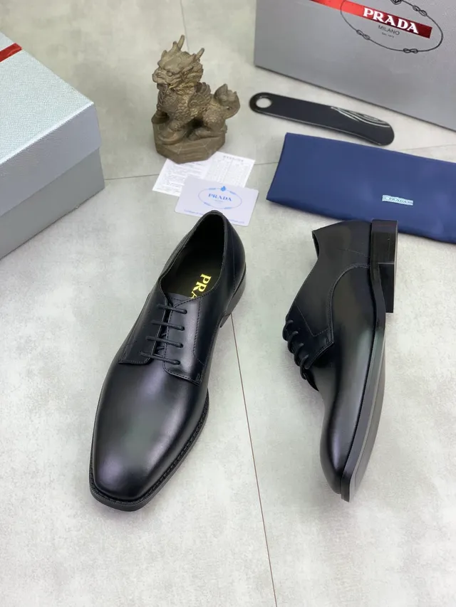 Prada Black Polished Leather Cap Toe Oxford Shoes