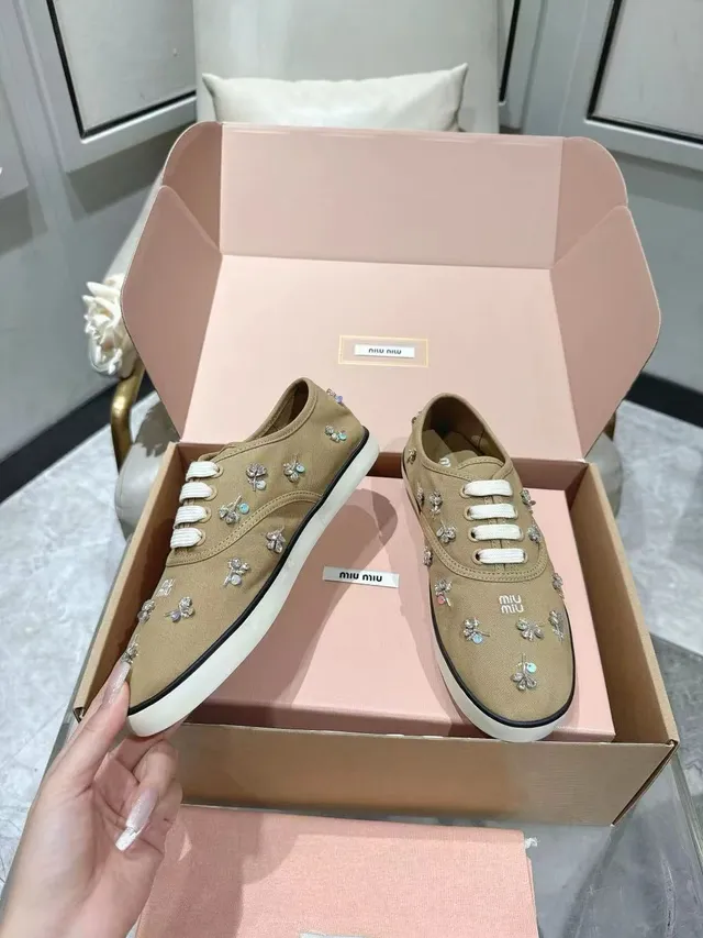 Miu Miu Beige White Embellished Crystal-Floral Sneakers