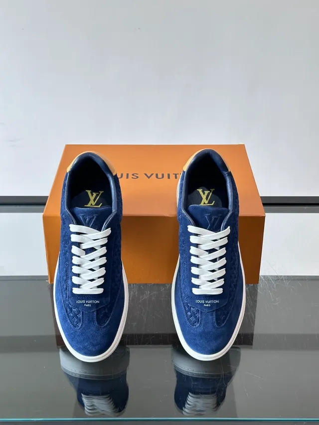 Louis Vuitton LV Trainer Navy Beige Monogrammed Suede Tan Heel Tab Lifestyle Sneakers