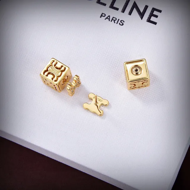 Celine Triomphe Gold Silver Cube-Shaped Engraved Logo Earrings