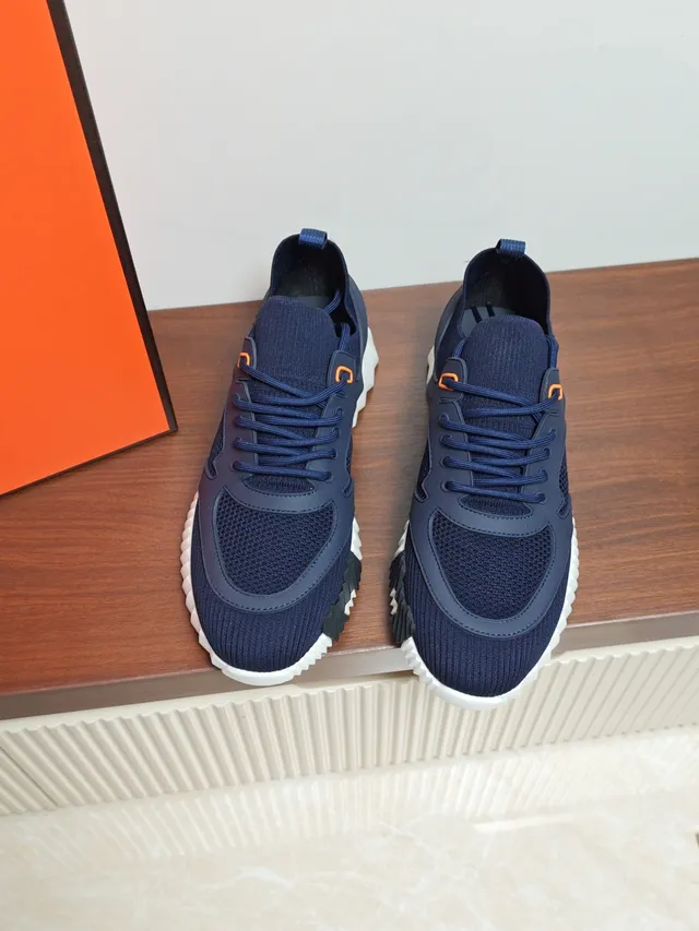 Hermès Navy White Knit Upper Sculpted Midsole Sneakers