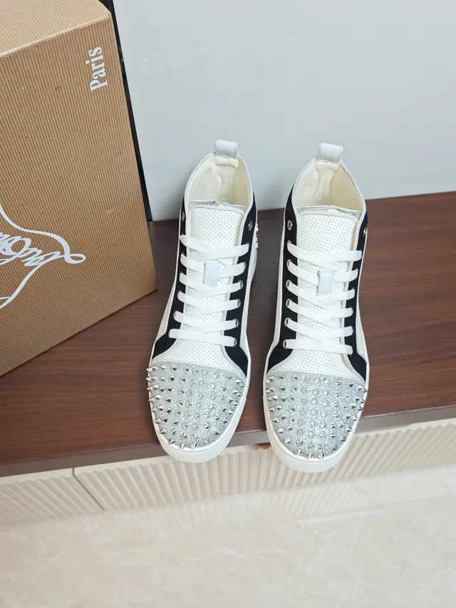 Christian Louboutin White Black High-Top Perforated Quilted Upper Lifestyle Sneakers