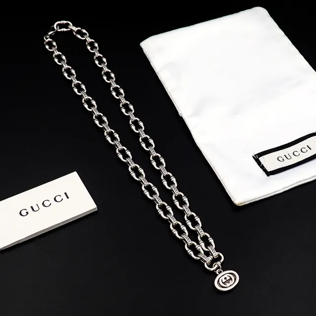 Gucci Ophidia Silver White Bamboo-Link Chain Engraved Branding Necklace