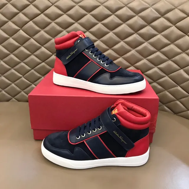 Salvatore Ferragamo High-Top Navy and Red Contrast Piping Sneakers
