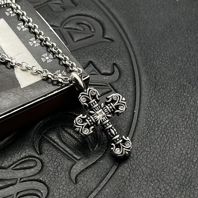Chrome Hearts Ornate Gothic Cross Pavé Crystal Gold-Tone Necklace