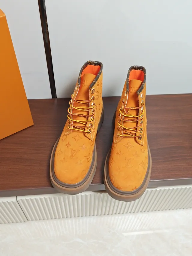 Louis Vuitton Orange Brown Monogram-Embossed Suede Lace-Up Combat-Style Work Boots