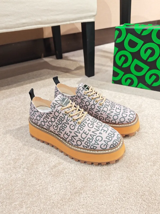Dolce & Gabbana Beige Brown Logo-Print Canvas Upper Platform Sole Lifestyle Sneakers