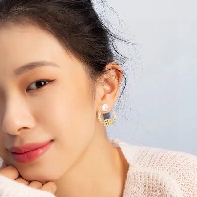 Balenciaga BB Pearl Hoop Gold Silver C-Shaped Double-B Monogram Earrings