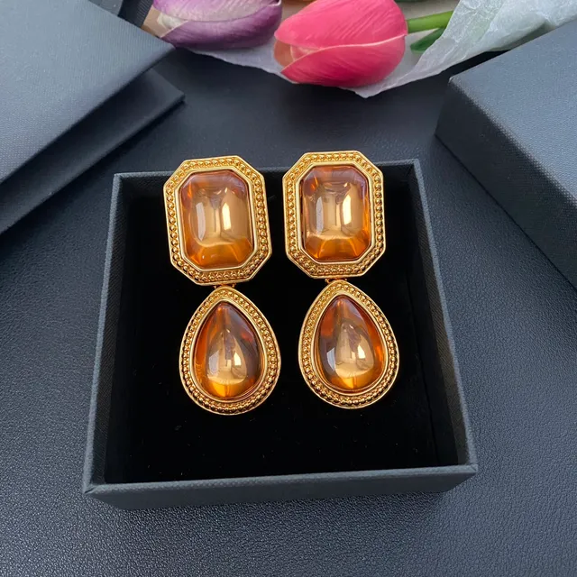 Saint Laurent Amber Resin Dual-Stone Drop Earrings