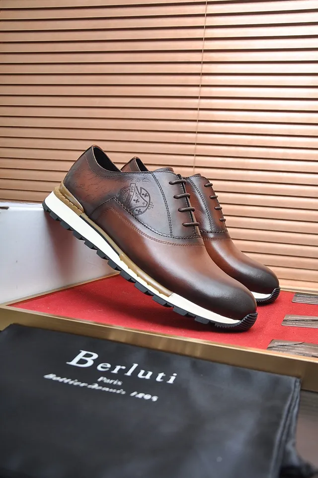 Berluti Brown White Polished Leather Embossed Crest Logo Derby Shoes