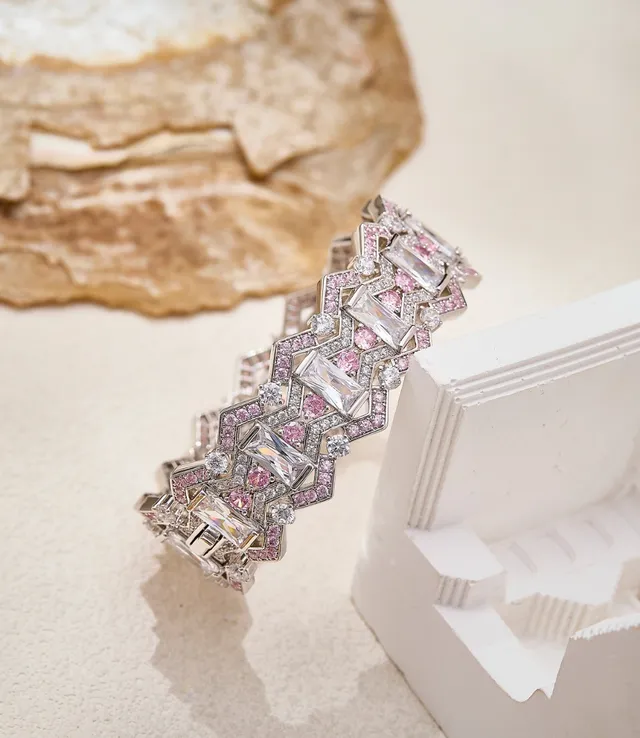 Geometric Pavé-Set Pink and Clear Stone Silver-Tone Bangle Bracelet