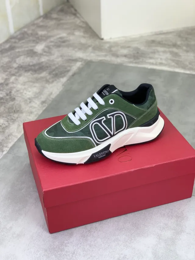 Valentino VLTN Runner Army Green White Olive Camo Mesh Suede Overlay Chunky Sneakers