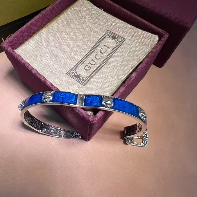 Gucci Tiger Motif Blue Enamel Filigree Bangle Bracelet