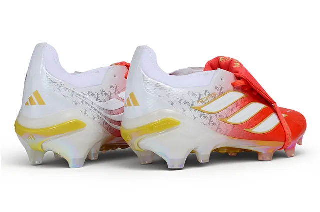 Adidas Predator Red White Laceless Strap Closure Iridescent Translucent Heel Cage Firm-Ground Soccer Shoes