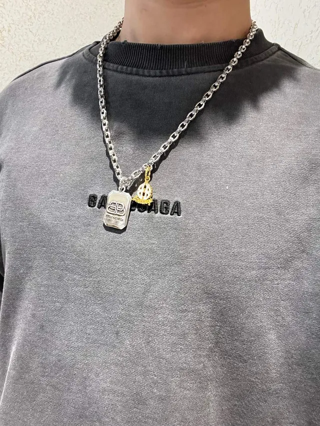 Balenciaga Multi-Charm Necklace Silver Gold Chunky Link Chain Rectangular Engraved Pendant Necklace