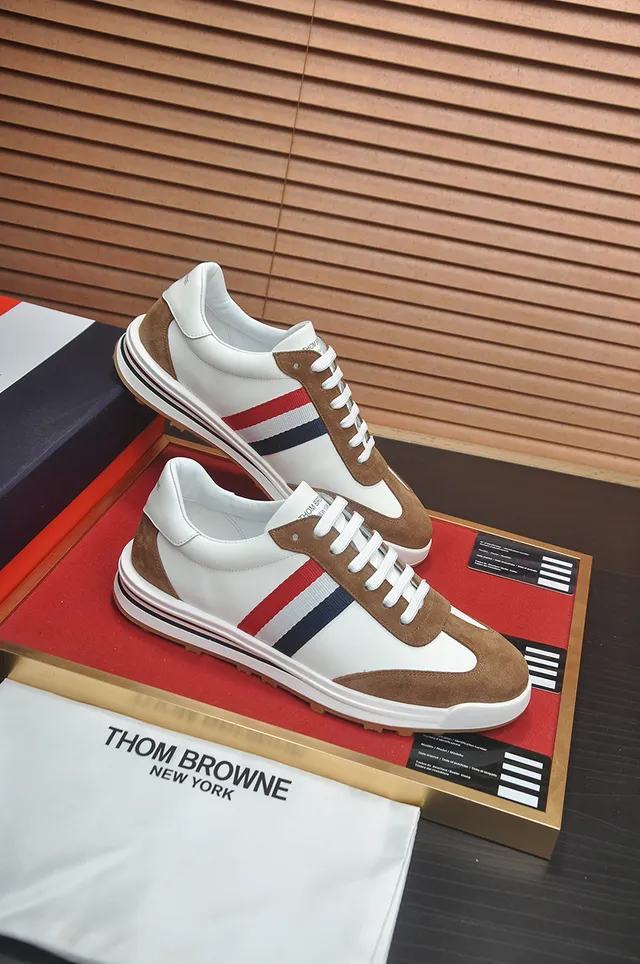 Thom Browne White and Brown Suede Stripe Lifestyle Sneakers