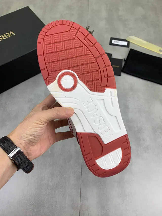Versace White Red Greca-Embossed Leather Medusa Hardware Lifestyle Sneakers