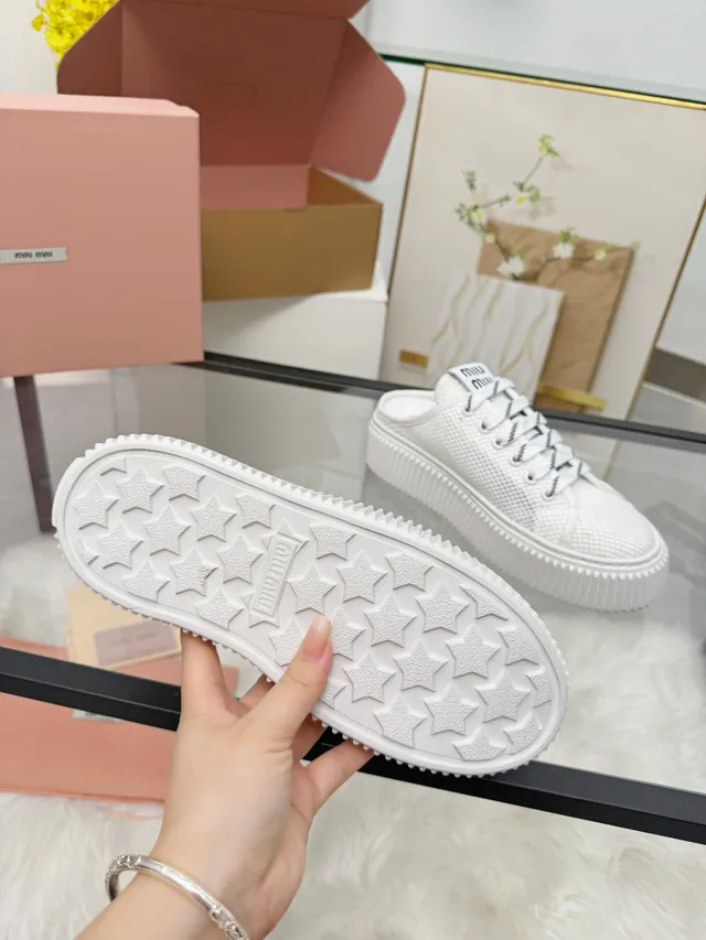 Miu Miu Platform Sneaker White Black Mesh Upper Ridged Sole Lifestyle Sneakers