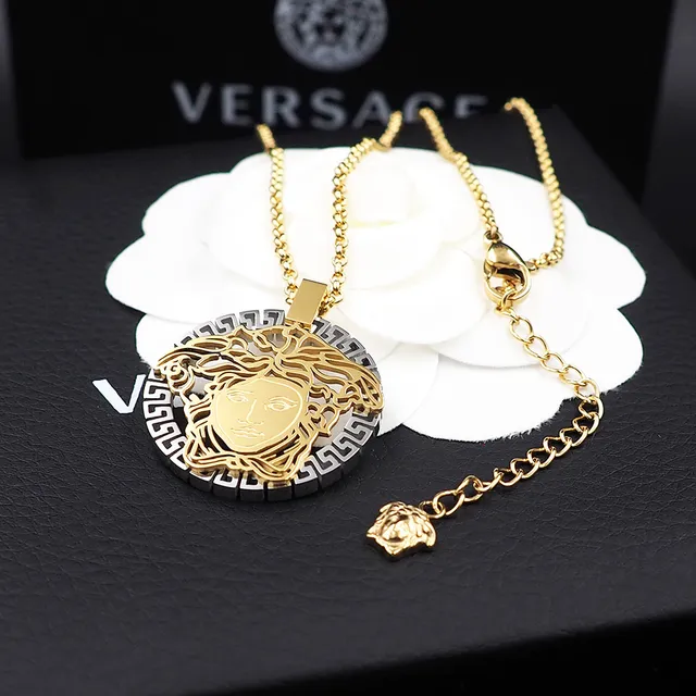 Versace Medusa Gold Silver Openwork Head Greek Key Border Necklace