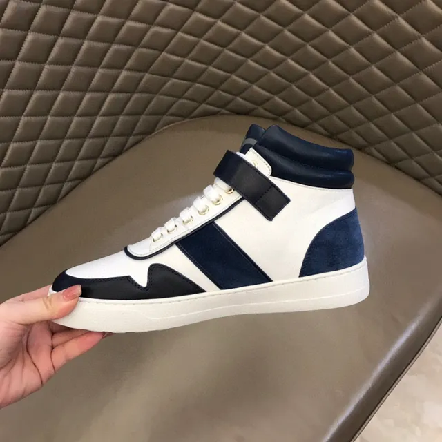 Salvatore Ferragamo White and Navy High-Top Strap Sneakers