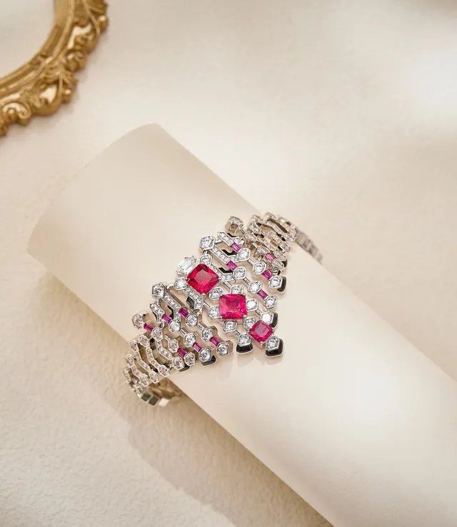 Van Cleef & Arpels Geometric Emerald and Diamond Pavé Multi-Row Bracelet