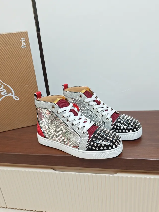 Christian Louboutin Louis Spikes Silver Red High-Top Studded Toe Lifestyle Sneakers