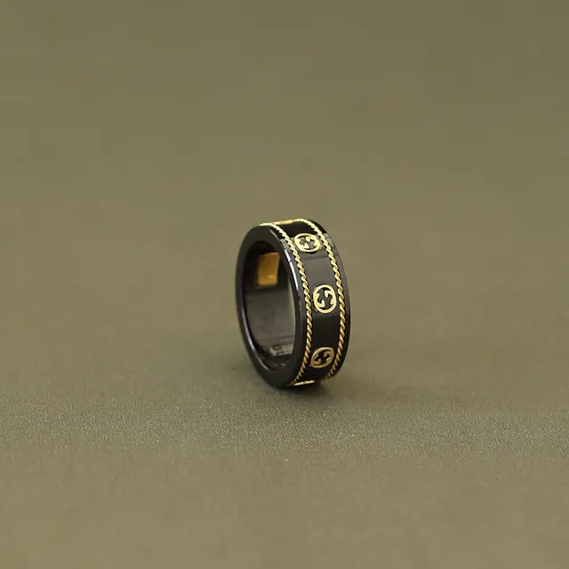 Gucci Black Gold Ceramic Interlocking G Logo Ring