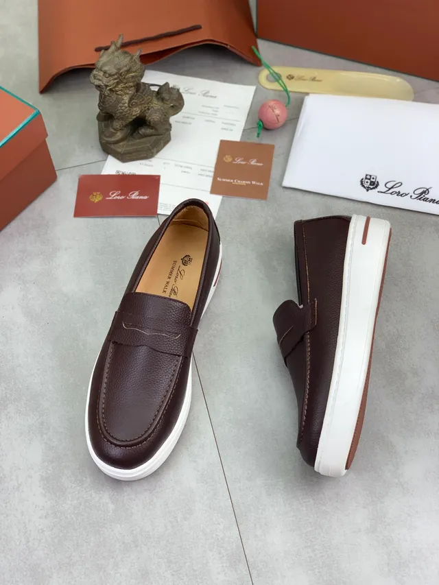Loro Piana Brown White Pebbled Leather Penny Strap Loafer