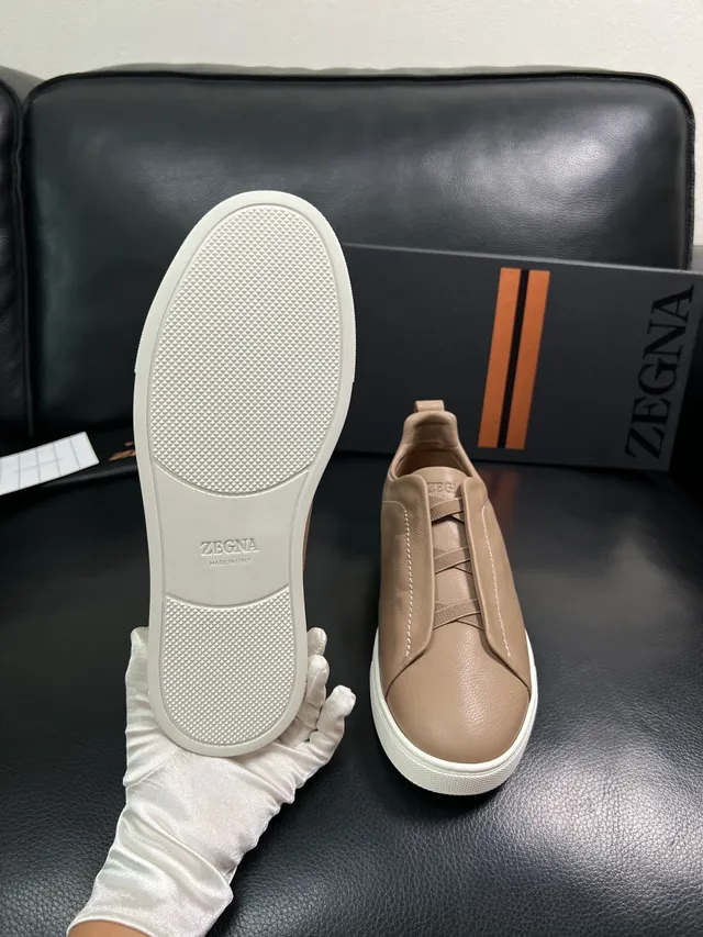 Zegna Beige Leather Slip-On Sneakers