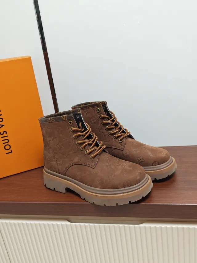 Louis Vuitton Brown Beige Monogrammed Suede Chunky Lug Sole Work Boots