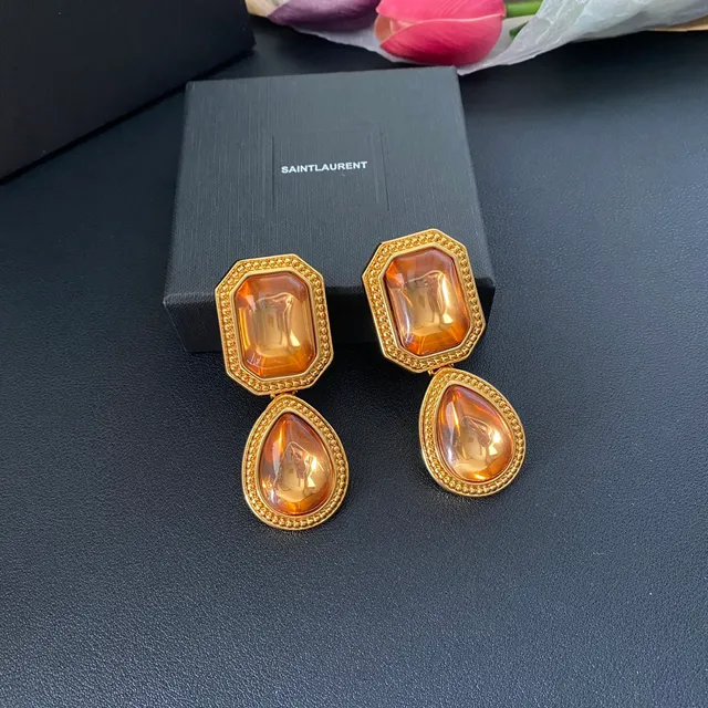 Saint Laurent Amber Resin Dual-Stone Drop Earrings